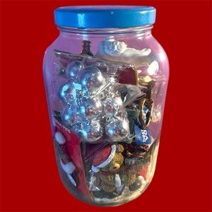 Large 11” Glass Jar Full of Christmas Decor Some New Some Vintage